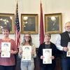 Left to right: Annie Gibson, prosecuting attorney; Tiffany Tadlock, recorder of deeds; Rachel Taylor, county clerk; Sandy Dustman, circuit clerk; Jim Ruse, commissioner; and Daren Adkins, judge.
	Daviess County elected officials took the oath of office on Friday. They are shown above.